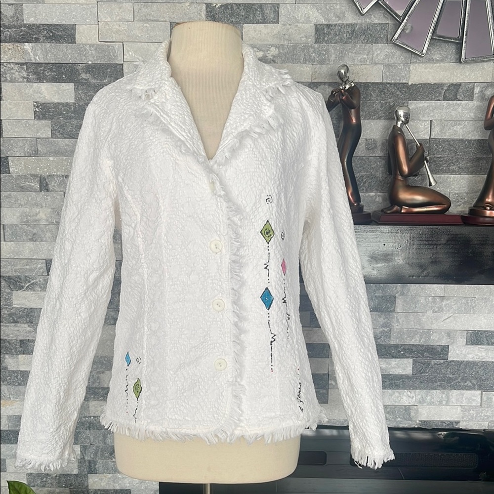 Phoenix Conexion Womens Button Jacket M  Artsy White Textured  Painted